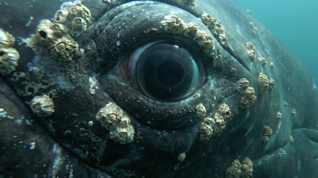 Whale eye detail showing barnacles clinging to its dark skin underwater, capturing the raw beauty of marine wildlife and symbiotic relationships in the ocean environment