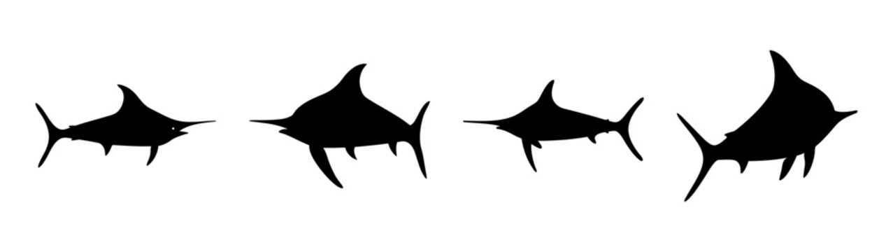 Silhouette Collection of Blue Marlin Fish Swimming Vector Illustration, Flat Design