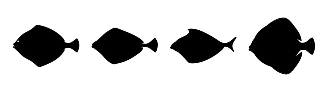 Set of flatfish silhouettes in various poses vector illustration