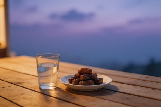 First sip of water and dates right after maghrib call to prayer on a quiet home terrace