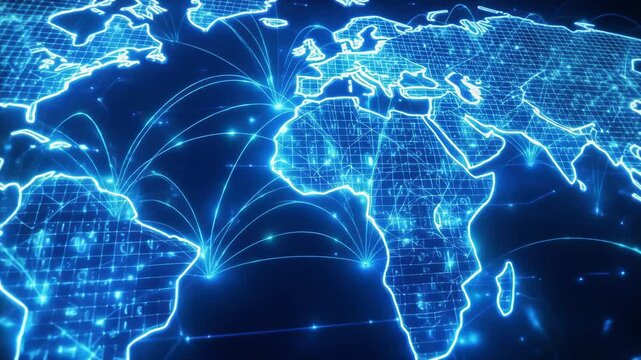 Global digital network connections world map glowing blue technology illustration for internet communication