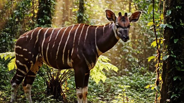 Okapi with Striped Legs in a Sunlit Forest Clearing