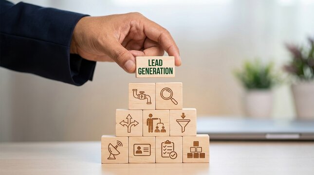 Lead generation, Marketing strategy, Business growth, Sales funnel, Customer acquisition, Strategic planning, Professional hand placing a wooden block to build business success.