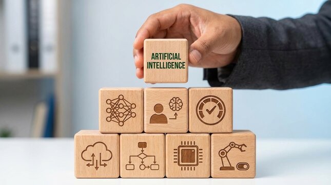 artificial intelligence, ai, machine learning, technology, business, innovation, strategy being built with wooden blocks by a businessman in a corporate office for digital growth.