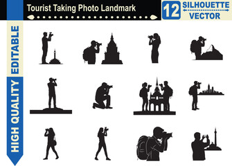 Silhouette set of a tourist taking a photo of a landmark, representing travel, sightseeing, vacation memories, and capturing professional moments.