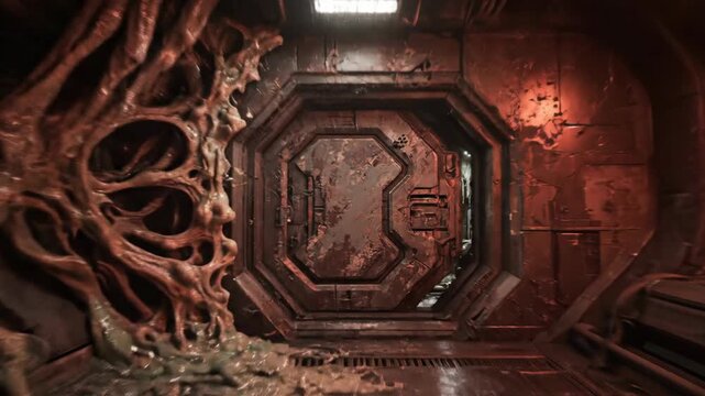 Grungy biomechanical corridor with pulsating organic growths and circular metal door