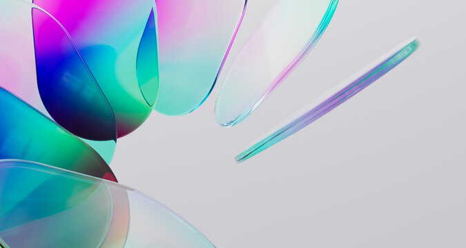 Artistic 3d rendering of scattered translucent glass plate with vibrant rainbow holographic texture. Abstract macro composition for technology, media, and futuristic digital design project.