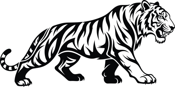Stylized tiger walking with bold tribal stripe patterns and fierce expression for strength, agility, and design themes