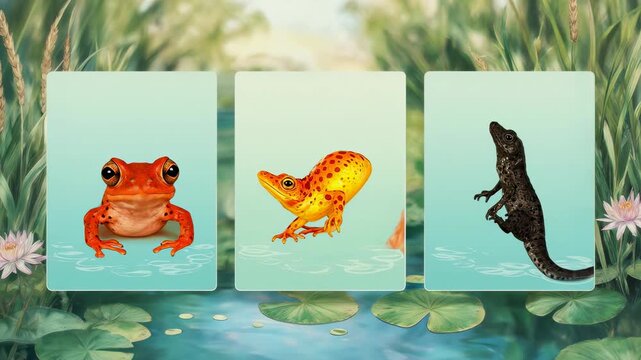Amphibians Basic Group. Animal Classification (Basic Animal Groups). Education / Biology. A panel-based layout presenting amphibians like frogs, salamanders, and newts, set in a pond-themed background