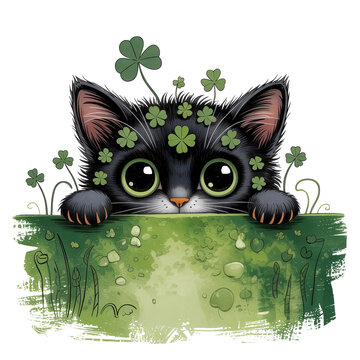 a black cat with large, expressive eyes peeking over a patch of clovers.