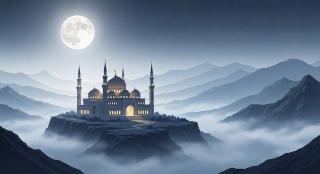Mosque on a hilltop at night with full moon and mountains.