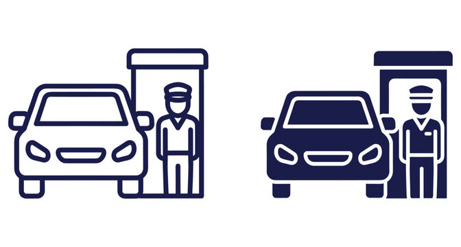 Vector icons of vehicle entering gate with guard standing in security booth