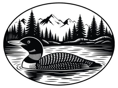 Majestic loon on mountain lake black and white illustration, detailed vector artwork depicting wildlife, nature scenery, birds, tranquil water reflections, outdoor adventure, and environmental 