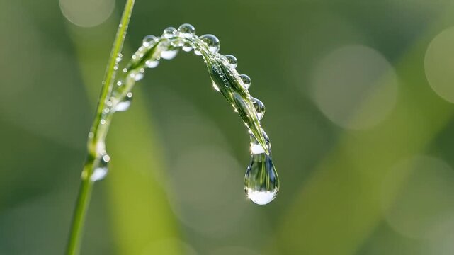 Delicate dewdrops sparkle on a bent blade of grass, glistening with morning light in a lush green meadow.