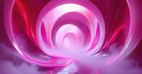 Fototapeta premium Vibrant pink tunnel, swirling light. Abstract shapes create depth, fog adds mystery. Futuristic design, glowing energy radiates.