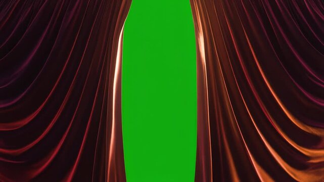Luxurious red velvet curtains opening to reveal a bright green background for stage or theater presentations