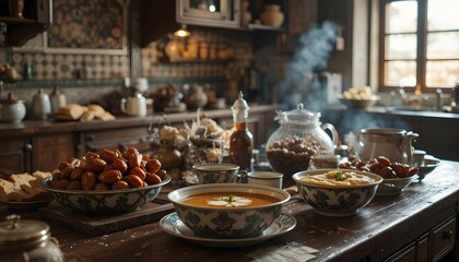 Fototapeta premium Rustic Kitchen Scene with Steaming Food and Abundant Harvest.