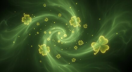 Golden glowing particles swirling in cosmic dark green space futuristic energy flow