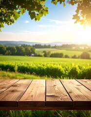 Sunny, blurred rural vista beyond wooden table. Light filters through leaves in upper portion of the image