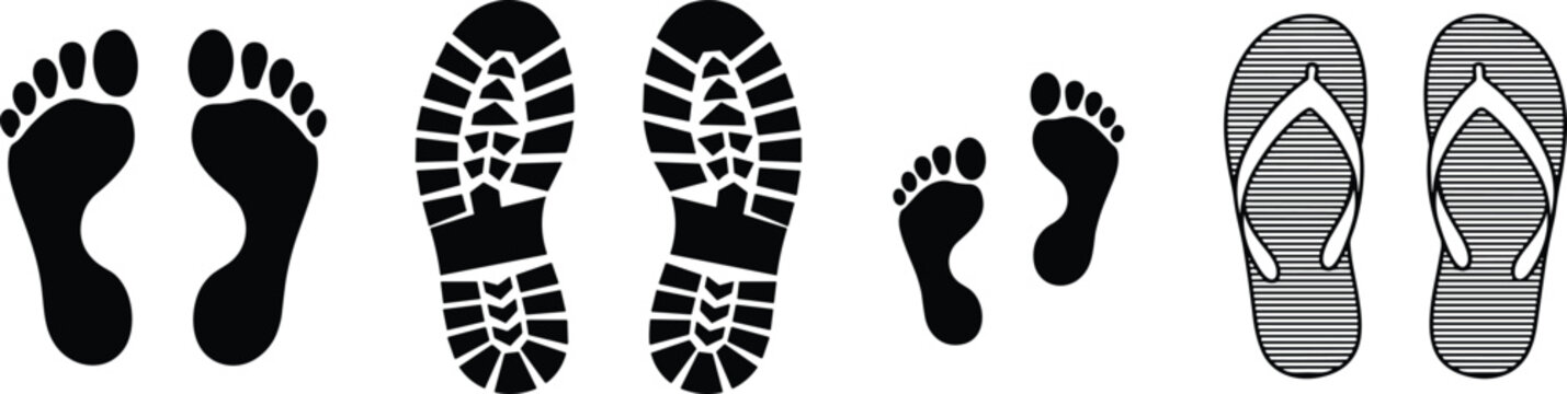 Minimalist Black Icons of Bare Feet, Boot Prints, and Flip-Flops