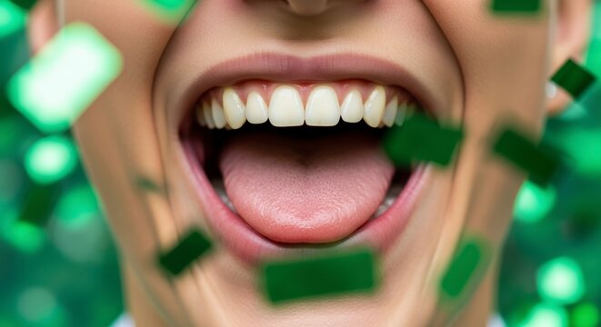 Smiling face with green confetti pieces.