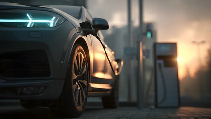 Fototapeta premium EV Charging in Clean Modern City Setting, Sustainable Transportation Concept, 4K