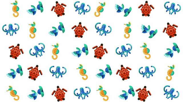 Repeating pattern of sea creatures fish turtles octopi seahorses. Ideal for textiles, stationery, wallpapers, and digital backgrounds with an ocean theme.