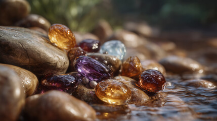 Obraz premium Extreme close-up of colorful gemstones nestled among smooth river stones, tiny air bubbles clinging to their faceted surfaces beneath transparent flowing water, golden sunlight shi