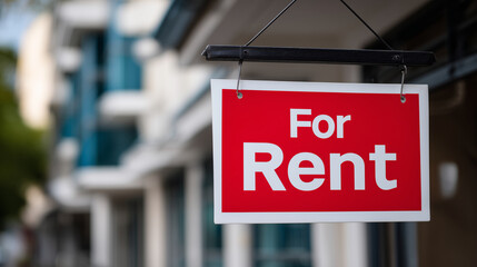Bold "For Rent" placard hanging from a residential building exterior, architectural details and symmetrical windows framing the sign, bright daylight emphasizing clarity and opport