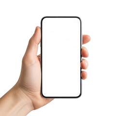 Hand holding a smartphone isolated on transparent background