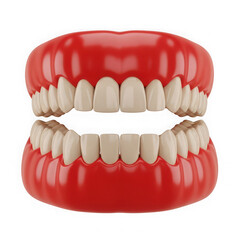 Obraz premium A pair of realistic artificial teeth with a red gum base on a white background