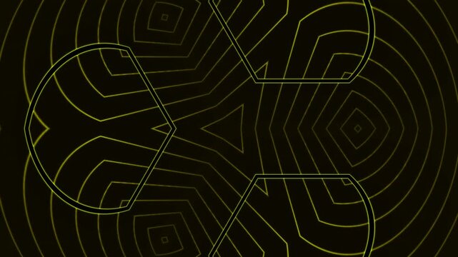 A detailed illustration of a yellow line art design on a black background, featuring intricate patterns and geometric shapes