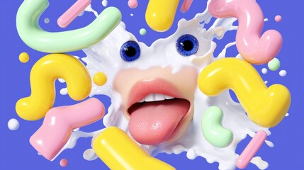 Obraz premium Playful Child Making Funny Face with Floating Colorful Abstract Elements