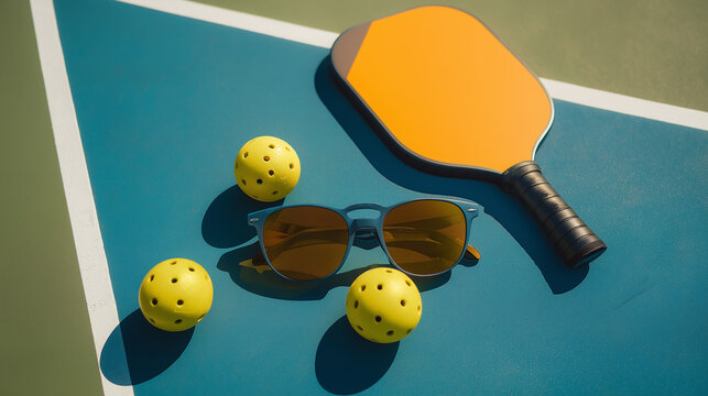 Top view of pickleball paddle, yellow balls and sunglasses on bright court, summer sport flat lay