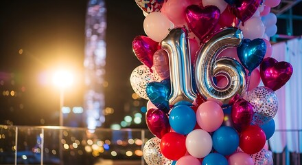 Vibrant colorful balloons with '16' decoration at nighttime party celebration with heart shapes and city lights