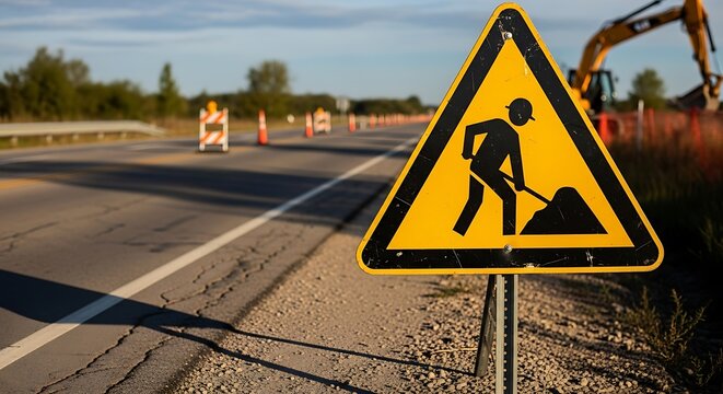Road work ahead warning sign with excavator in background