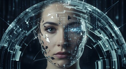 Woman with futuristic face overlay looking directly at the camera