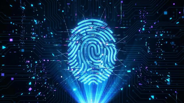 Digital fingerprint symbolizes trust and protection in cybersecurity with alert signals highlighting danger and firewall defense securing network from threats and data security