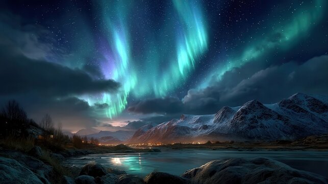 Aurora borealis display over snow capped mountains and river at night