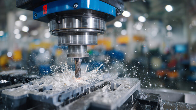 CNC milling machine operating on a plastic part, ball endmill tool carving intricate shapes, coolant droplets reflecting light, blurred workshop background emphasizing precision en