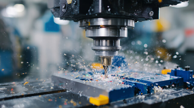 CNC milling machine operating on a plastic part, ball endmill tool carving intricate shapes, coolant droplets reflecting light, blurred workshop background emphasizing precision en