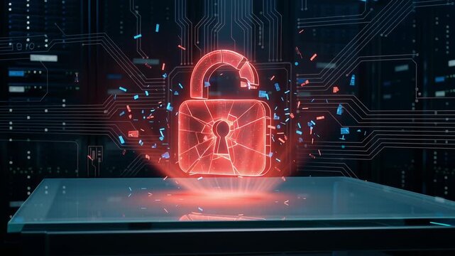 Digital broken lock symbolizes danger alert in cybersecurity with firewall protection and network defense building trust in digital security systems for ultimate protection