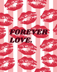 Illustration for Valentine's Day with kisses on a pink and white background.