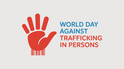 Fototapeta premium World Day Against Trafficking in Persons logo with red hand and barcode on a light gray background