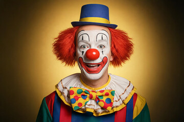 Cheerful clown with a red nose. Wallpaper or phone screensaver. Copy space