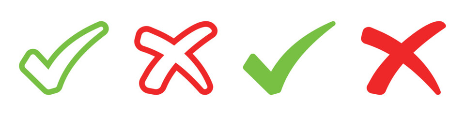 Check mark and cross icons. Green tick and red cross sign for app, website, UI and design element.
