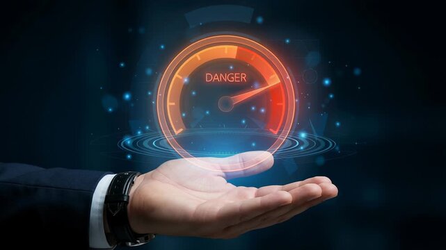 Digital alert and trust in cybersecurity defense, danger level on network protection with firewall symbol above hand securing data flow and maintaining system safety and risk awareness