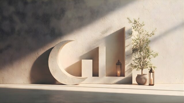 modern eid mubarak greeting with stone crescent moon and shadow projection