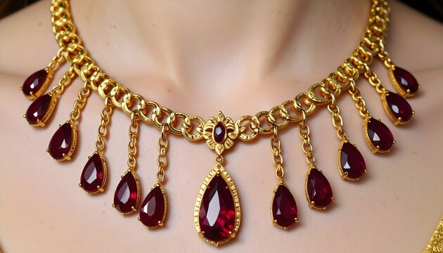 Premium gold necklace with red gemstones high resolution picture