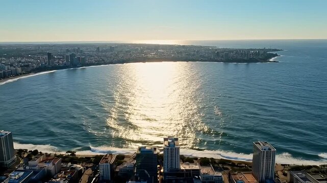 Aerial View of Punta del Este Uruguay with Sun Reflecting off Ocean Waves